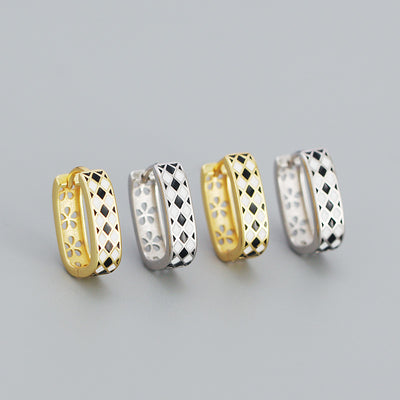 Geometry Black White Chess Board 925 Sterling Silver Huggie Hoop Earrings