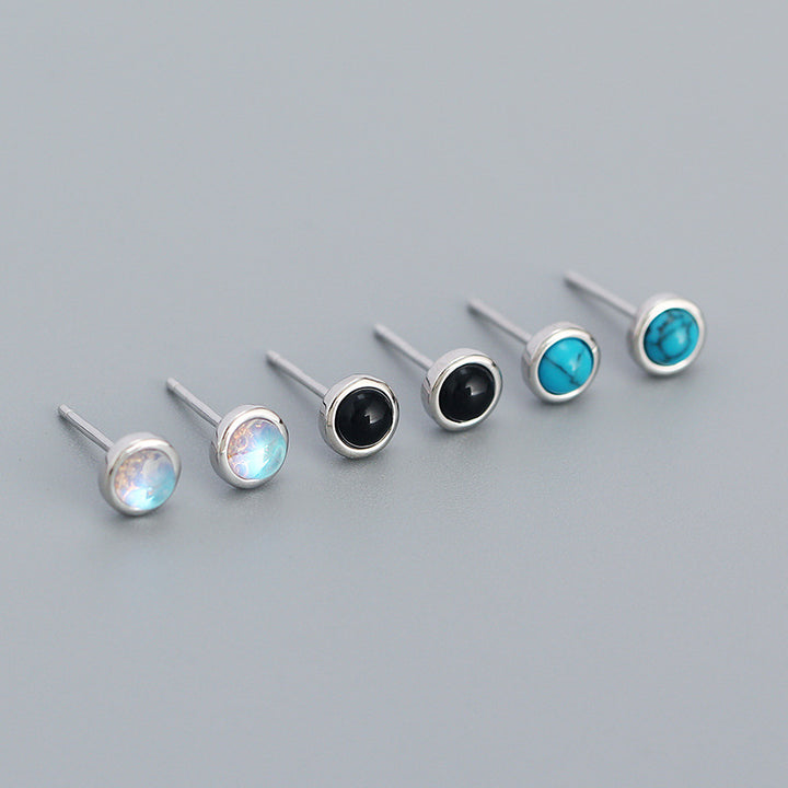 Simple Geometry Round Created Agate Moonstone Turquoise  925 Sterling Silver Stud Earrings