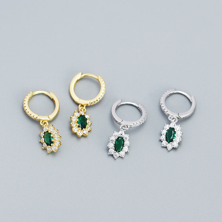 Elegant Green CZ Oval Flowers 925 Sterling Silver Dangling Earrings
