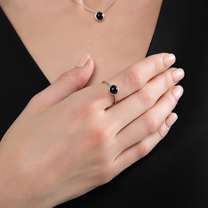 Round Black Agate CZ 925 Sterling Silver Open Size Ring Women