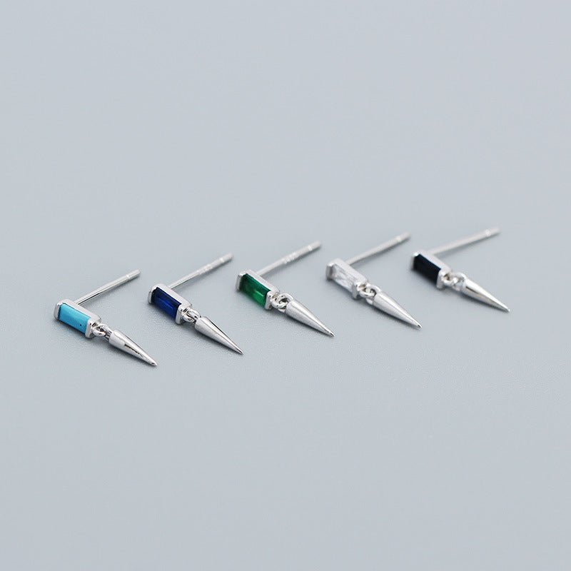 Fashion Punk Geometry Baguette CZ  Turquoise Rivet 925 Sterling Silver Stud Earrings