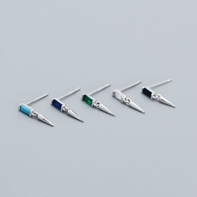Fashion Punk Geometry Baguette CZ  Turquoise Rivet 925 Sterling Silver Stud Earrings