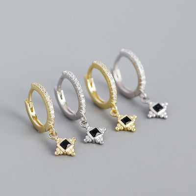 Modern Black CZ  Quadrangular Star 925 Sterling Silver Hoop Earrings