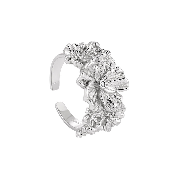 Women Beautiful CZ Flowers 925 Sterling Silver Adjustable Ring