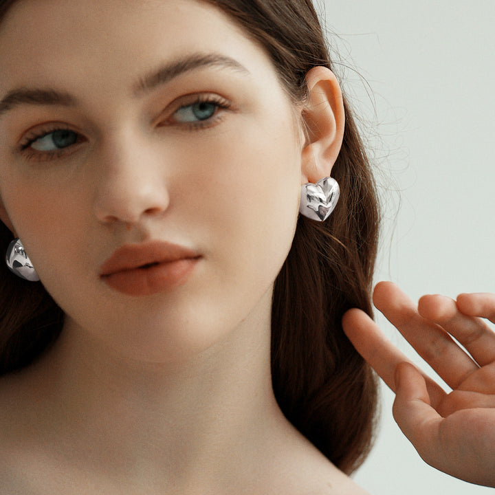 Statement Heart Stud Earrings 999 Sterling Silver - Large Heart Earrings Women