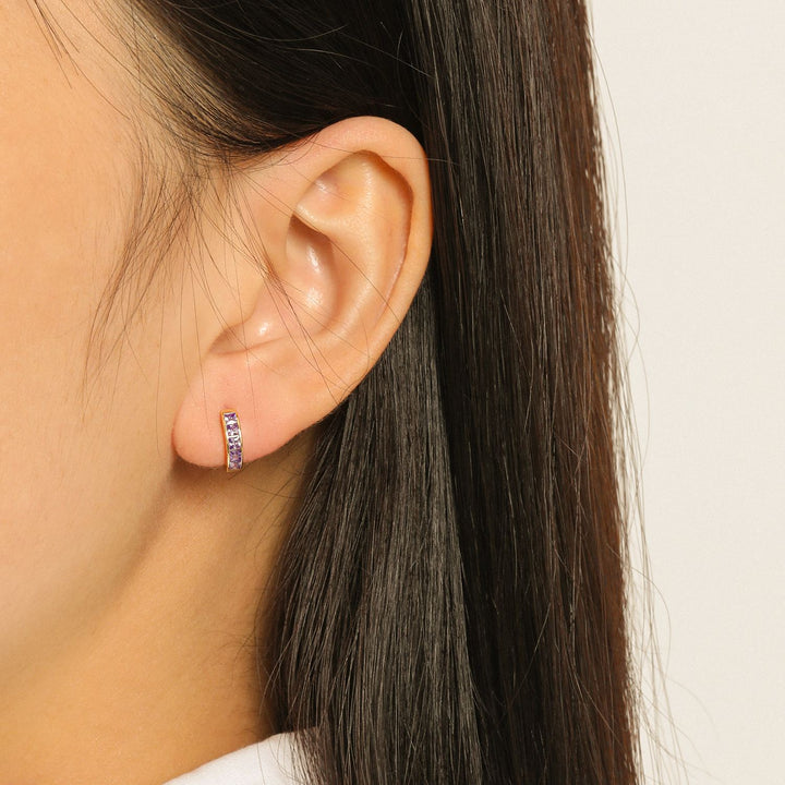 925 Silver Rainbow CZ Huggie Earrings - Small Colorful Hoop Earrings 10 Colors