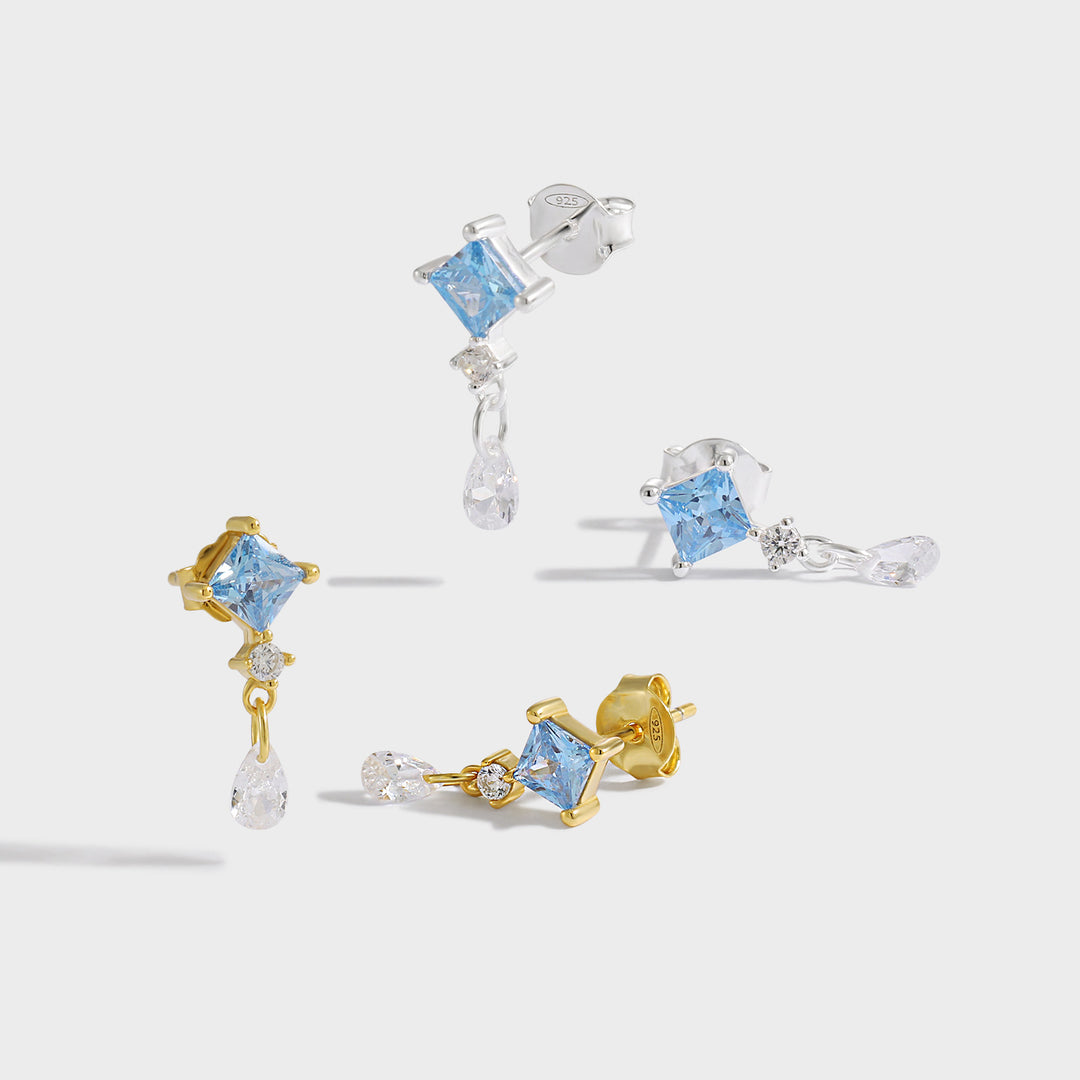 Geometry Blue Rhombus CZ 925 Sterling Silver Waterdop Dangling Earrings