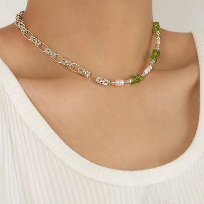 Natural Pearl Peridot Fashion Forward Sweet Patchwork 925 Sterling Silver Necklace