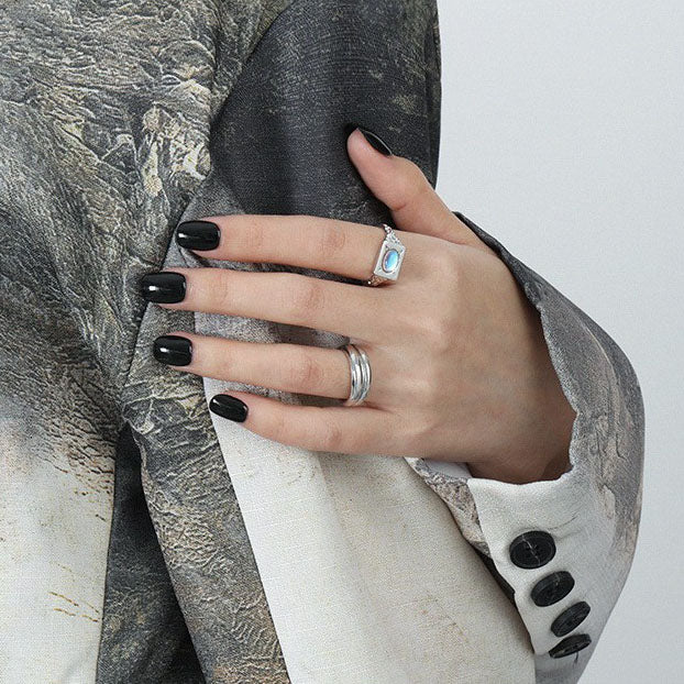 Modern Oval Created Moonstone Geometry Rectangle 925 Sterling Silver Adjustable Ring