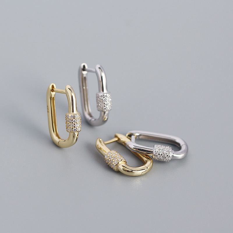 Geometry U Shape CZ Cylinder 925 Sterling Silver Hoop Earrings