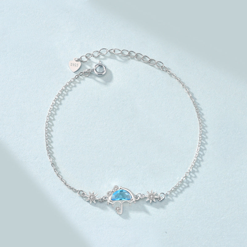 Dainty Blue Umbrella Bracelet 925 Silver - Cute CZ Charm Bracelet Gift for Women