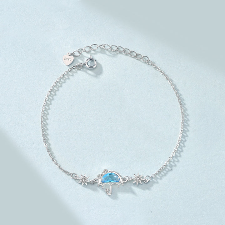 Dainty Blue Umbrella Bracelet 925 Silver - Cute CZ Charm Bracelet Gift for Women