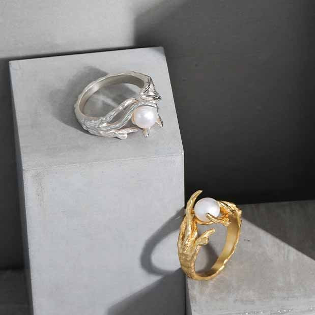 Elegant Natural Pearl Ring - 925 Silver Gold Plated Organic Pearl Ring for Women