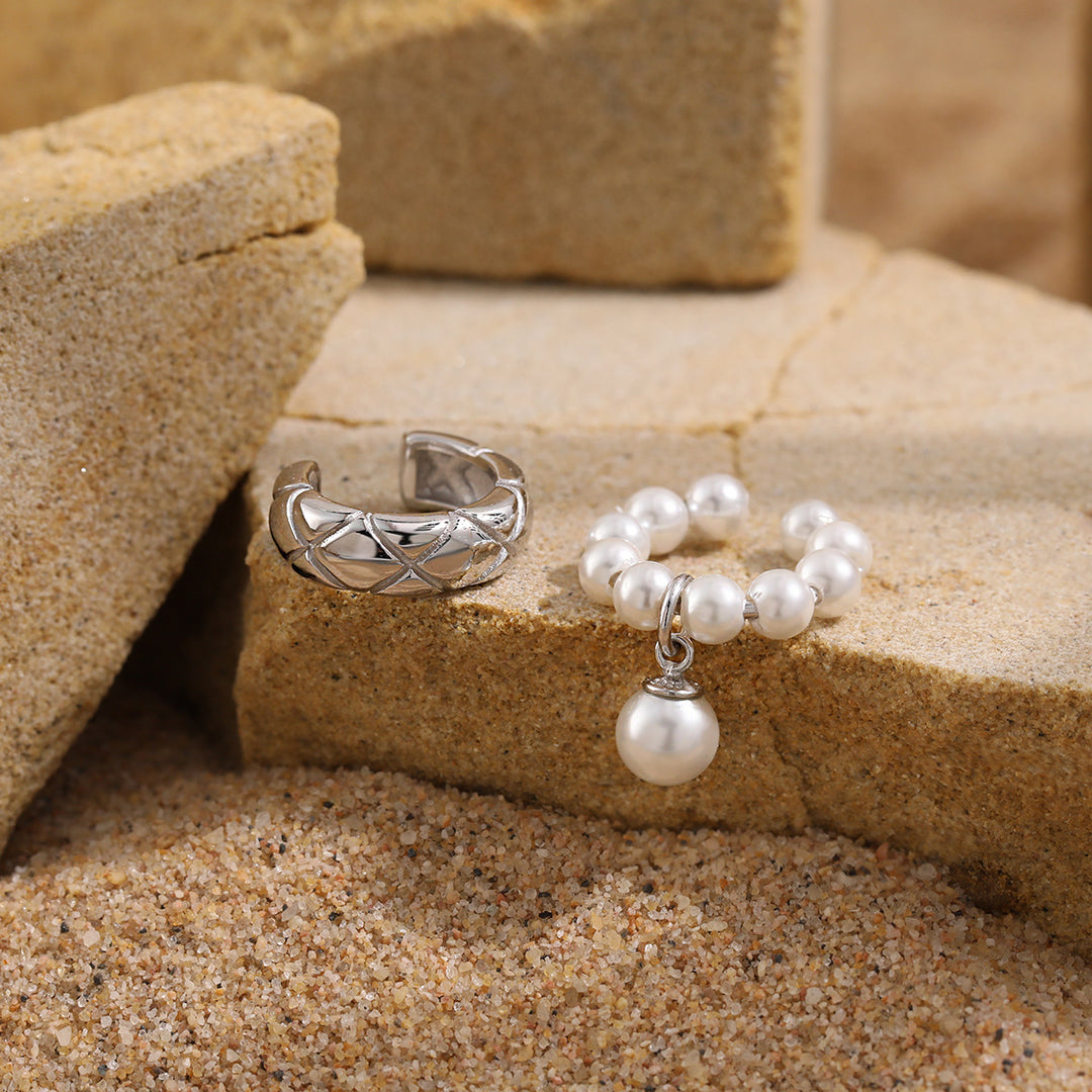 Women Elegant Quilting Pattern Shell Pearls 925 Sterling Silver Non-Pierced Earring(Single)