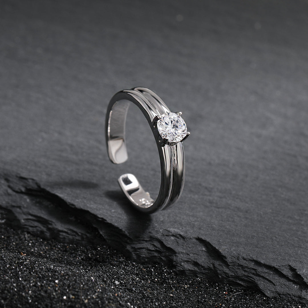 Simple Double Layers Four Claws Cubic Zirconia 925 Sterling Silver Adjustable Ring