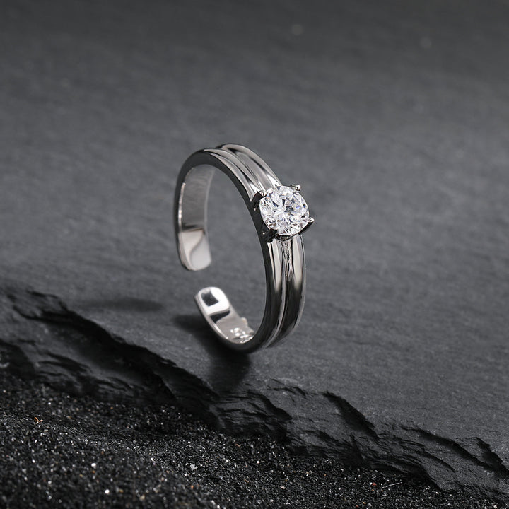 Simple Double Layers Four Claws Cubic Zirconia 925 Sterling Silver Adjustable Ring