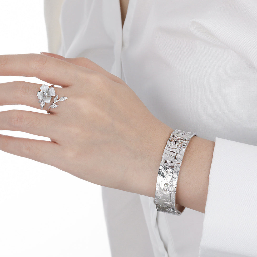 Women Beautiful Rose Flower 925 Sterling Silver Adjustable Ring