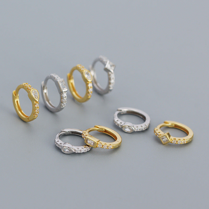 Geometry CZ Square Oval 925 Sterling Silver Huggie Hoop Earrings
