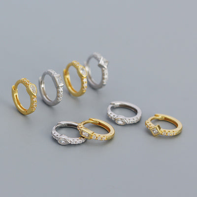 Geometry CZ Square Oval 925 Sterling Silver Huggie Hoop Earrings