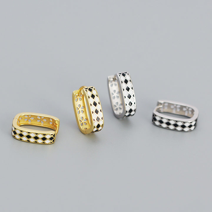 Geometry Black White Chess Board 925 Sterling Silver Huggie Hoop Earrings