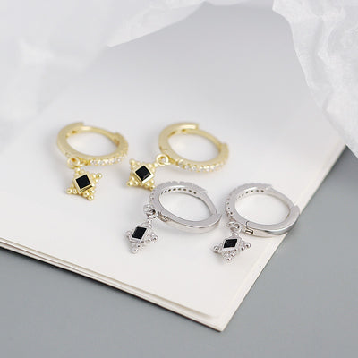 Modern Black CZ  Quadrangular Star 925 Sterling Silver Hoop Earrings