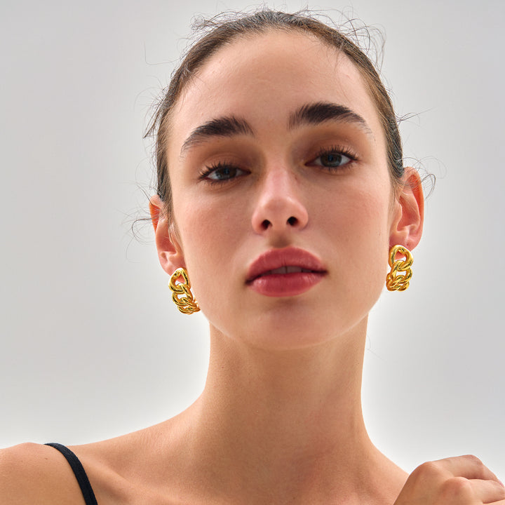 Fashion Jewelry for Women Daily Wear Trendy 999 Pure Silver Modern Lightweight Yellow Gold Hollow Curb Chain Electroforming Chunky Earrings