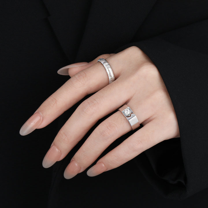 Men's Irregular Borken Pattern CZ 925 Sterling Silver Adjustable Ring