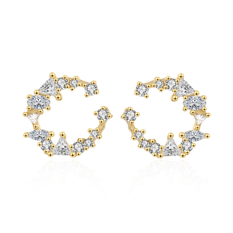 Sweet CZ Crescent Moon Circle 925 Sterling Silver Stud Earrings