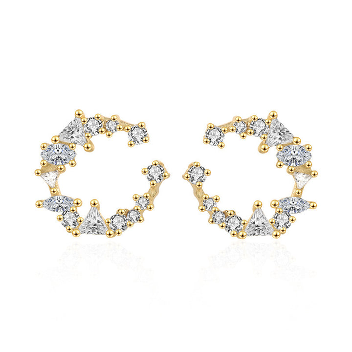 Sweet CZ Crescent Moon Circle 925 Sterling Silver Stud Earrings