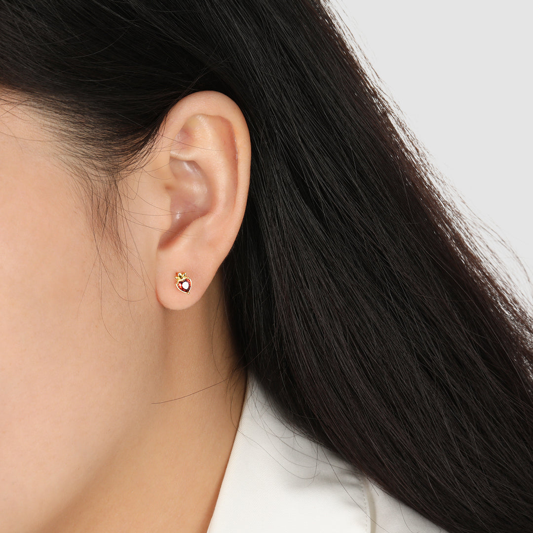 Beautiful Red CZ Heart Crown 925 Sterling Silver Stud Earrings