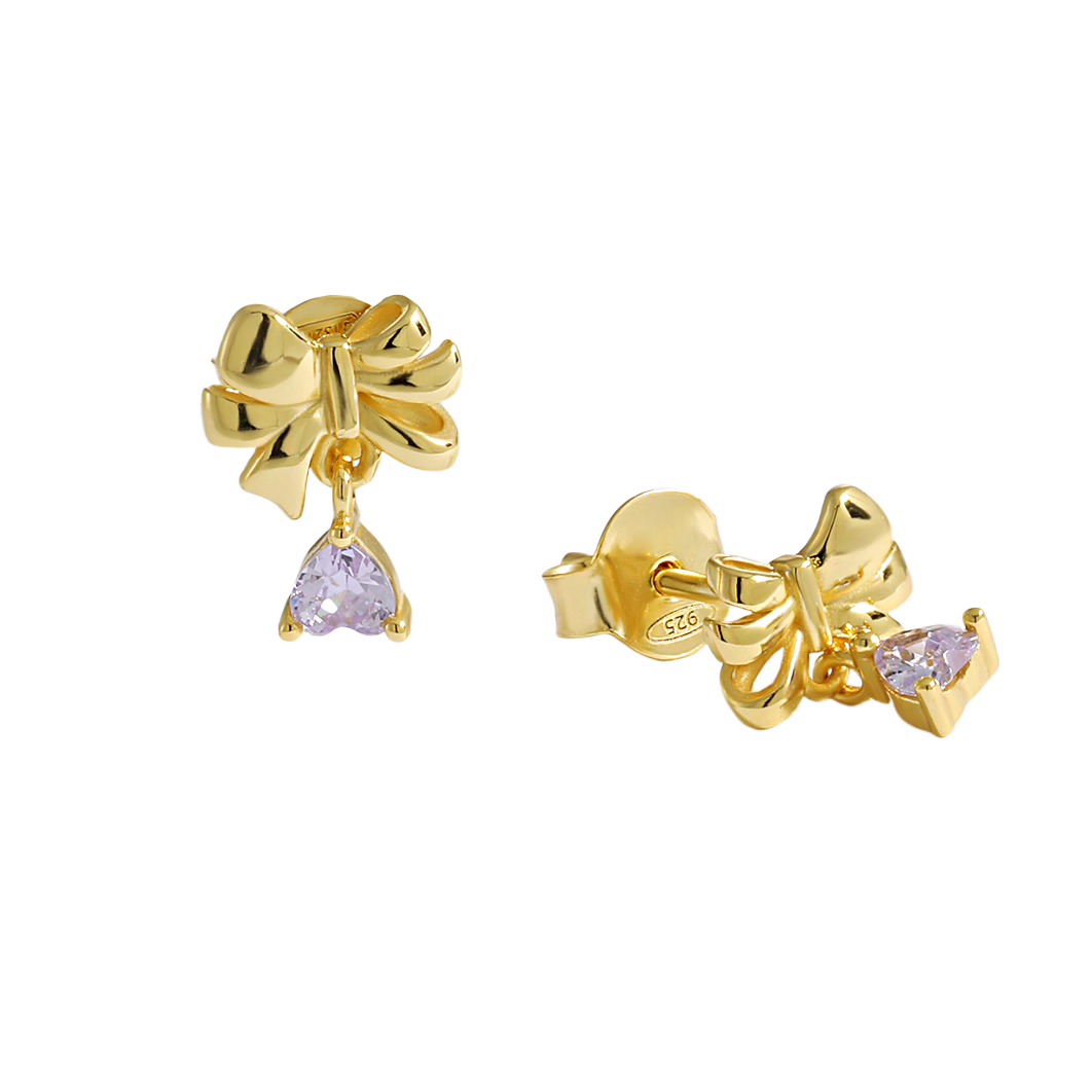 Sweet Bow-Knot with Heart CZ Drops 925 Sterling Silver Stud Earrings