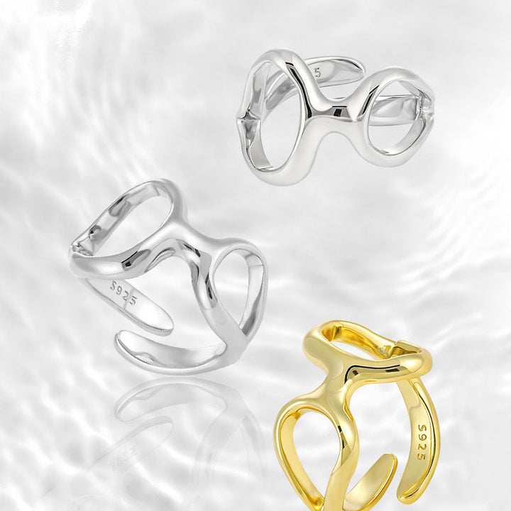 New Irregular Double Hollow Circles 925 Sterling Silver Adjustable Ring