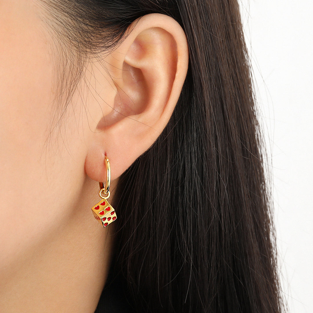 Women Fine Jewelry Trendy 925 Pure Silver Fashion Red Hearts Geometry Cubic Dice Dangling Earrings