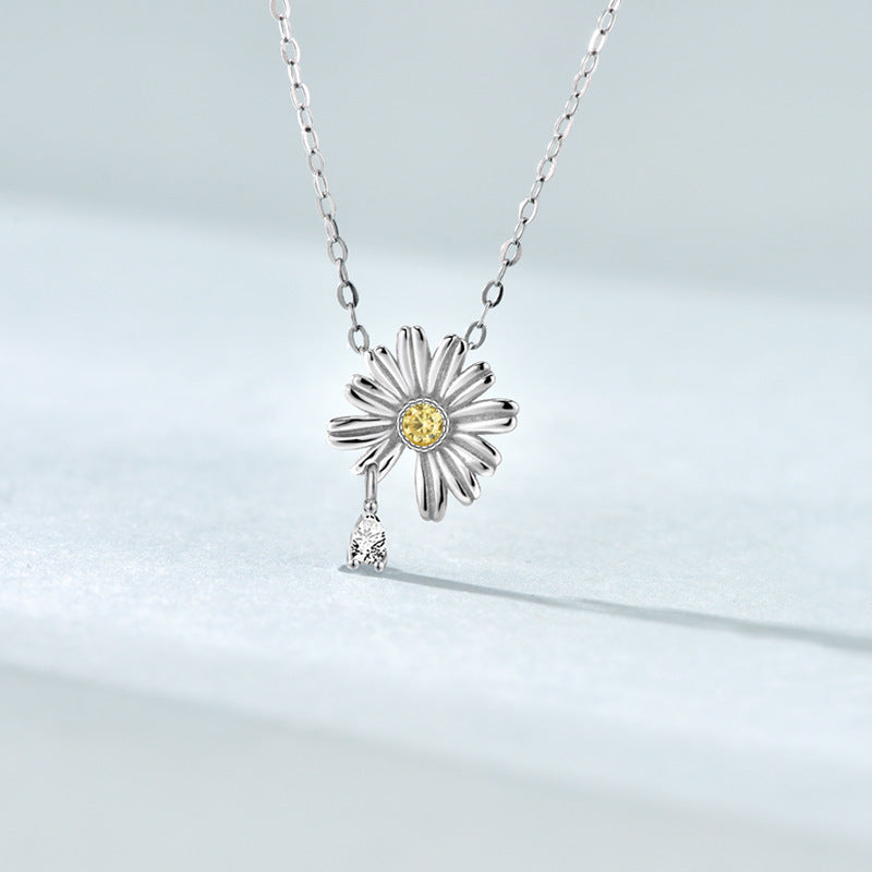 Cute Daisy Flower Necklace 925 Silver - Yellow CZ Summer Pendant Necklace Women