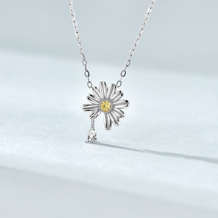 Cute Daisy Flower Necklace 925 Silver - Yellow CZ Summer Pendant Necklace Women