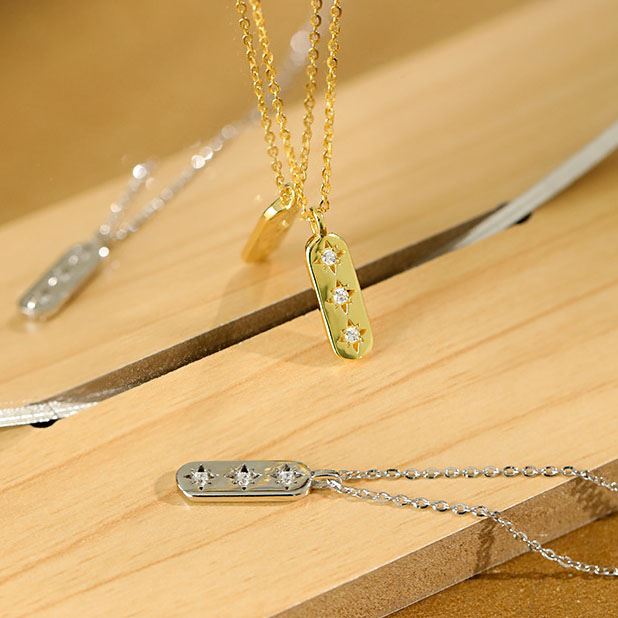 Elegant CZ Geometry CZ Star Tag 925 Sterling Silver Necklace