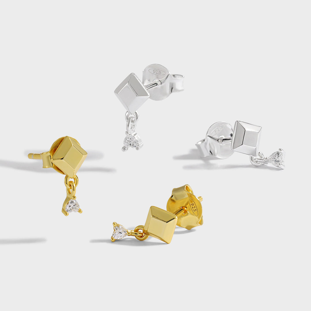 Friend's Geometry White Heart CZ 925 Sterling Silver Stud Earrings