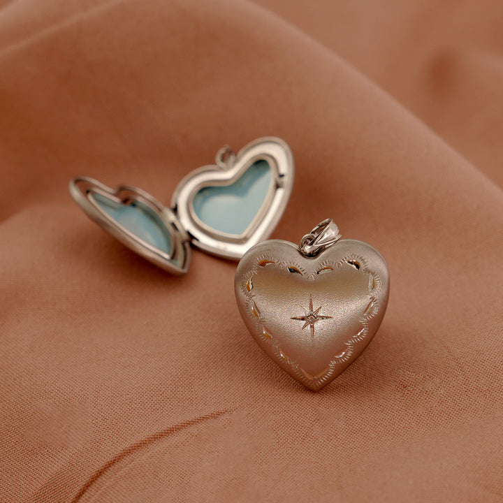 Fashion Heart Shining CZ Star 925 Sterling Silver Locket Pendant