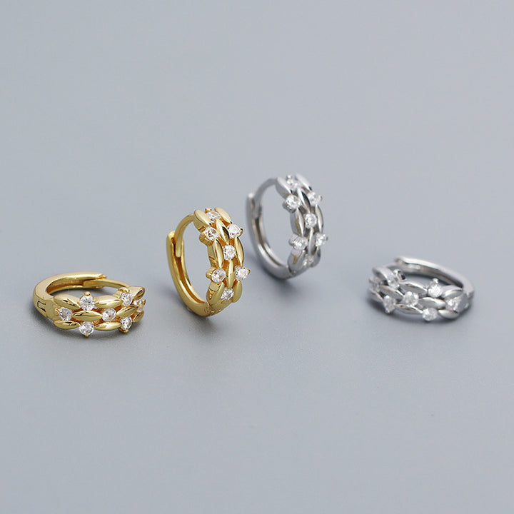 Sweet Mini CZ Leaves Branch 925 Sterling Silver Hoop Earrings