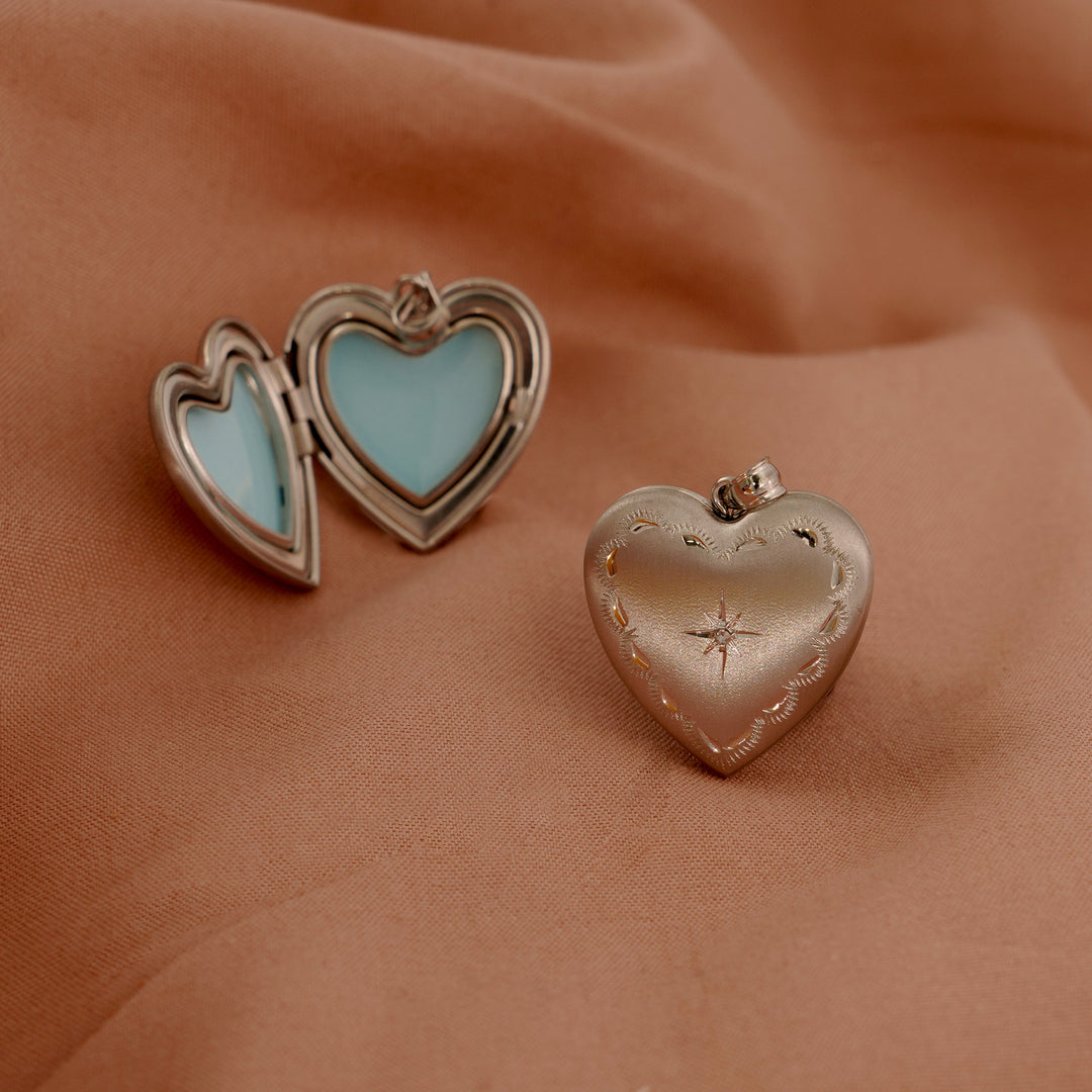 Fashion Heart Shining CZ Star 925 Sterling Silver Locket Pendant