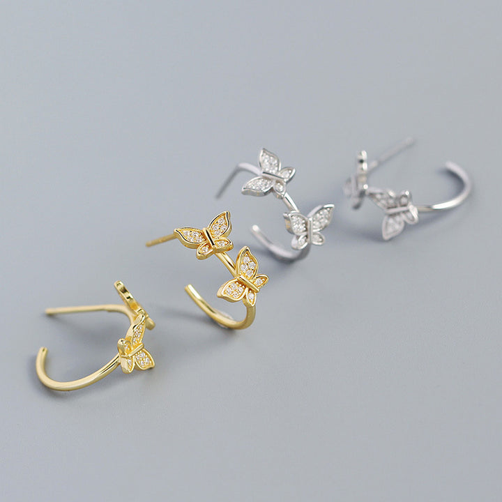 Girl Two Flying CZ Butterflies 925 Sterling Silver Stud Earrings