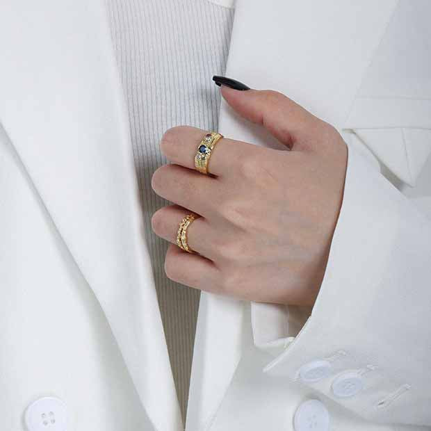 Chunky Textured CZ Ring 925 Silver - Colorful Multi Stone Statement Ring Women