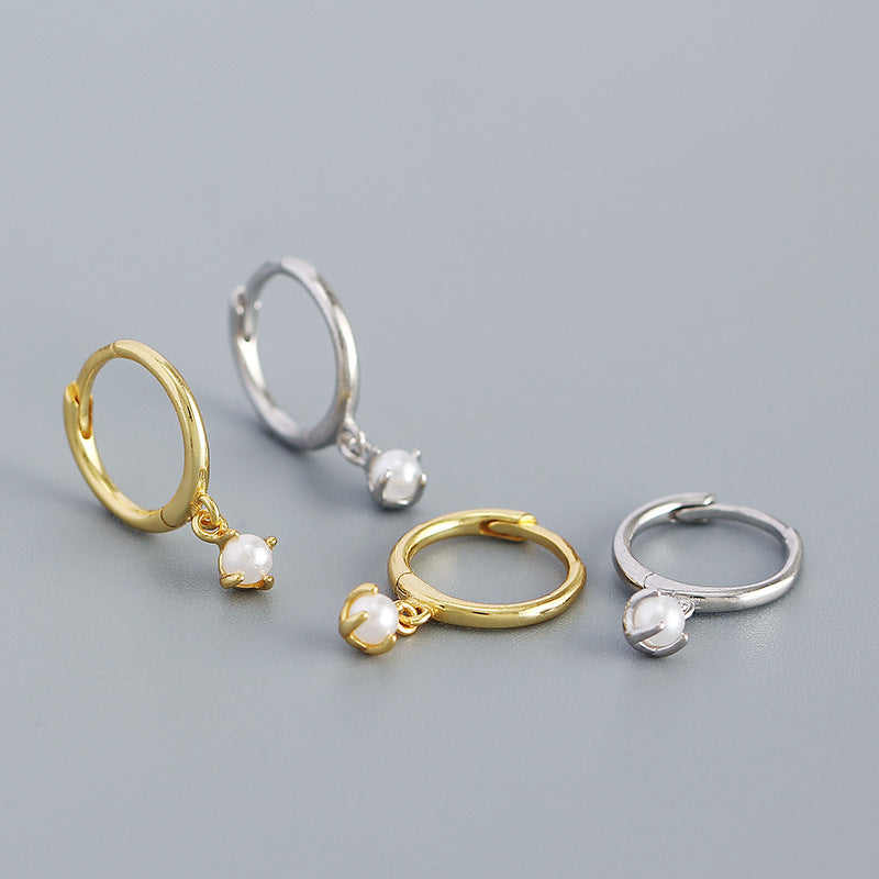 Minimalist Round Shell Pearl 925 Sterling Silver Hoop Earrings