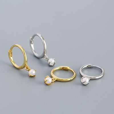 Minimalist Round Shell Pearl 925 Sterling Silver Hoop Earrings