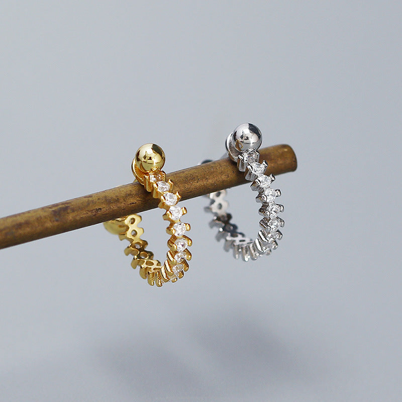 Classic Shining CZ Irregular Rivet 925 Sterling Silver Hoop Earring (SIngle)