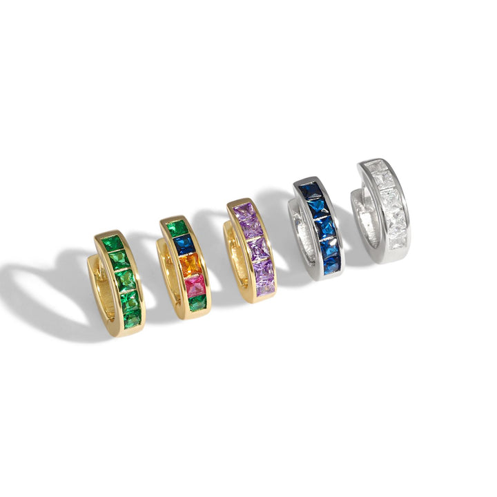 925 Silver Rainbow CZ Huggie Earrings - Small Colorful Hoop Earrings 10 Colors