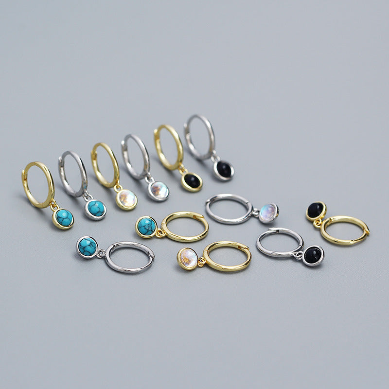 Simple Round Created Agate Moonstone Turquoise 925 Sterling Silver Hoop Earrings