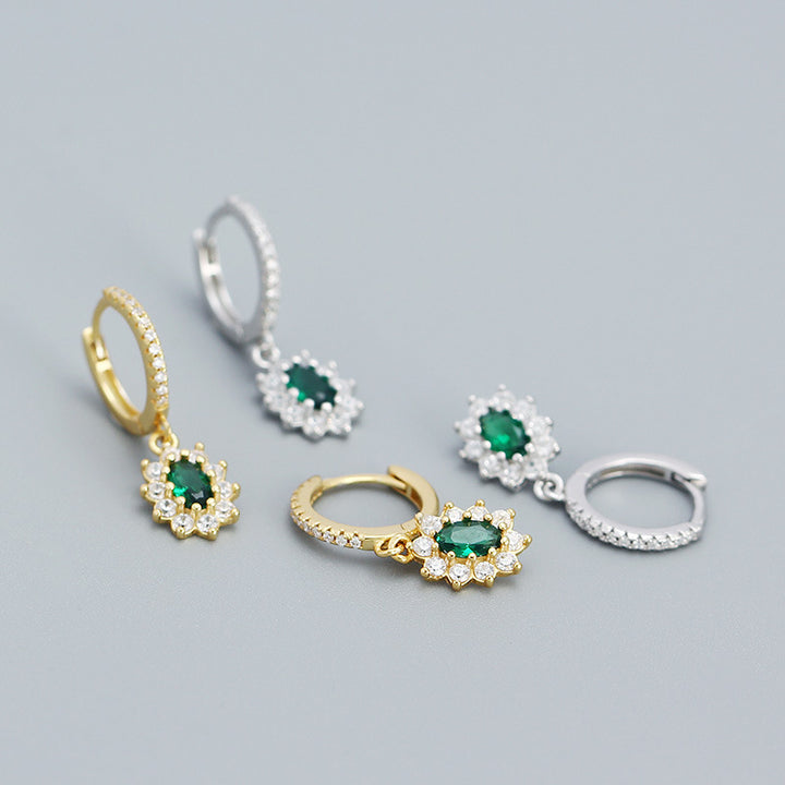 Elegant Green CZ Oval Flowers 925 Sterling Silver Dangling Earrings
