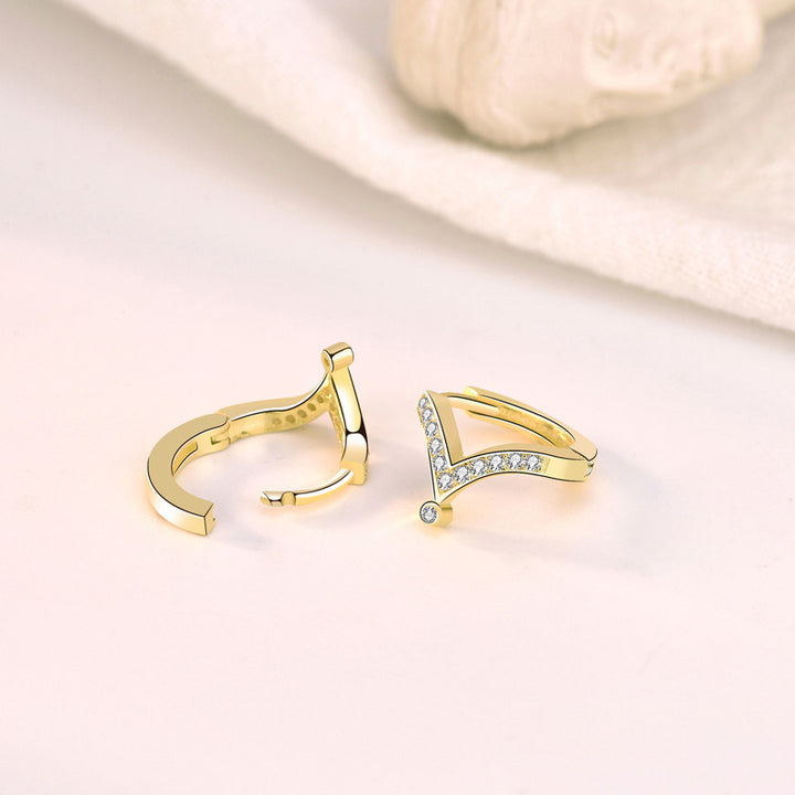 Mini CZ V Shape Crown 925 Sterling Gold Hoop Earrings