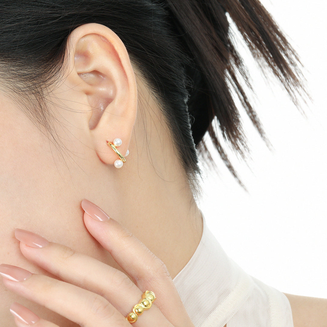 Fashion Office Round Shell Pearls C Shape 925 Sterling Silver Hoop Earrings